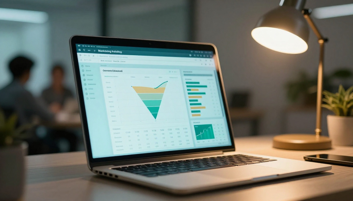 Marketing analytics dashboard on a laptop with warm amber desk lamp lighting and blurred office background