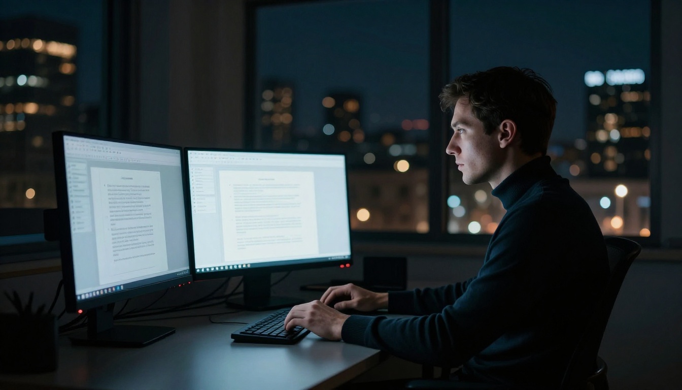 Creative director reviewing brand voice documentation on dual monitors in a dramatically lit room