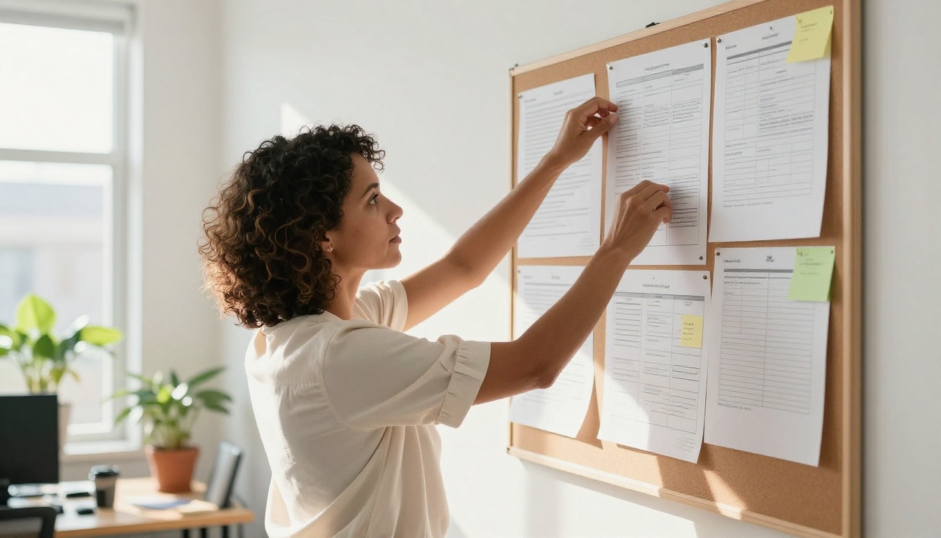 Female content strategist pinning printed article drafts to a large cork editorial calendar board