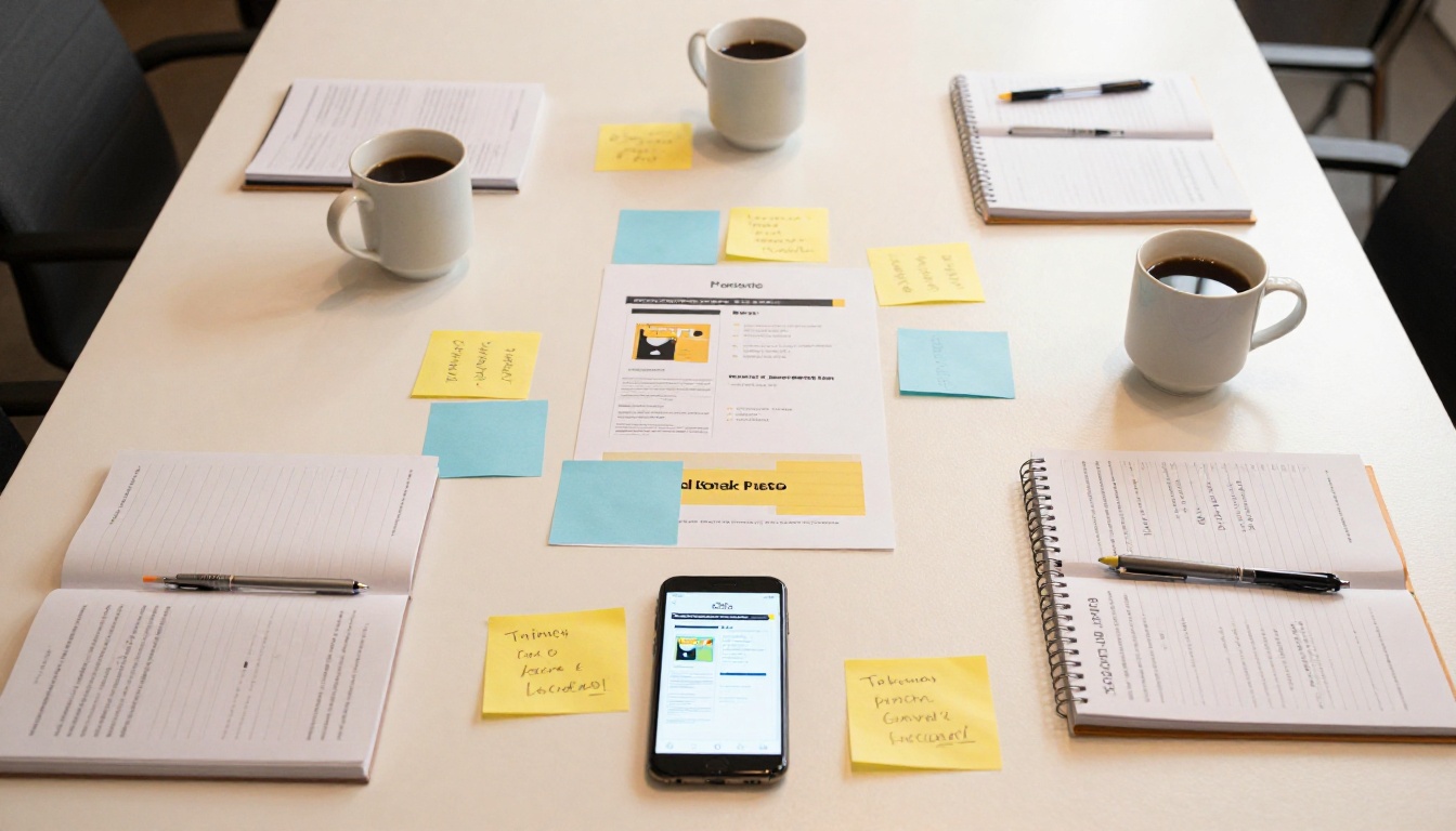 Overhead aerial shot of product launch campaign materials spread across a conference table