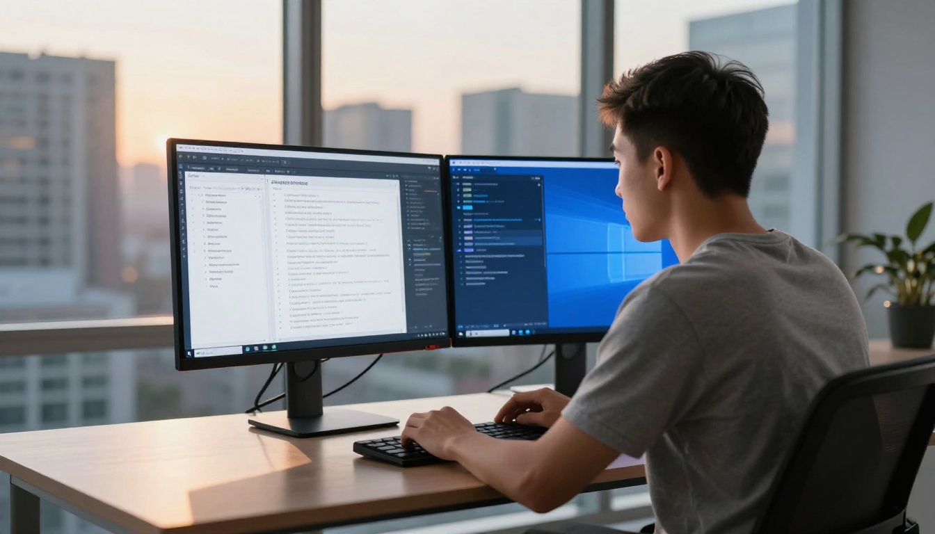A developer comparing two AI model text outputs side by side on an ultrawide monitor