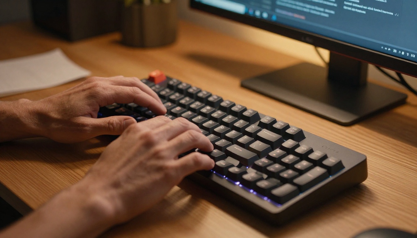 Hands typing on a mechanical keyboard with AI text streaming on a monitor behind Hands typing on a mechanical keyboard with AI text streaming on a monitor behind