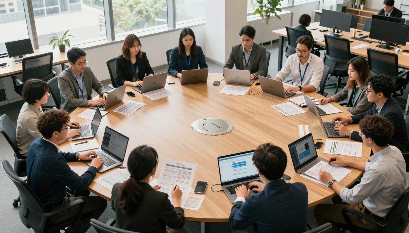 AI team evaluating benchmark results around a conference table AI team evaluating benchmark results around a conference table