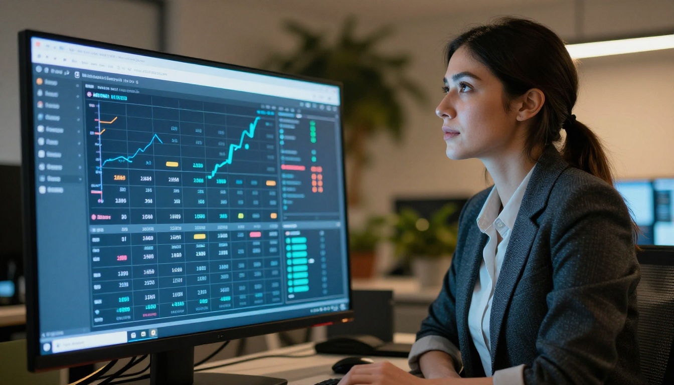 Data scientist analyzing AI model performance metrics on a large screen Data scientist analyzing AI model performance metrics on a large screen