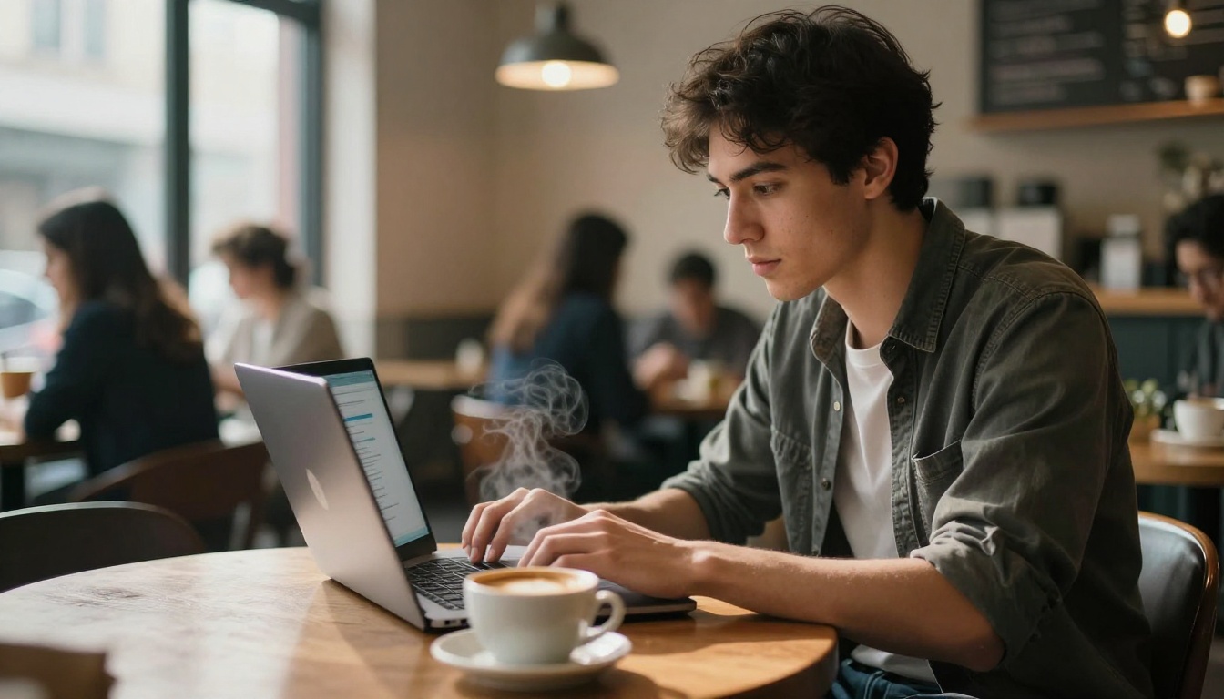 Young developer working at a cafe with an AI chat interface on their laptop Young developer working at a cafe with an AI chat interface on their laptop
