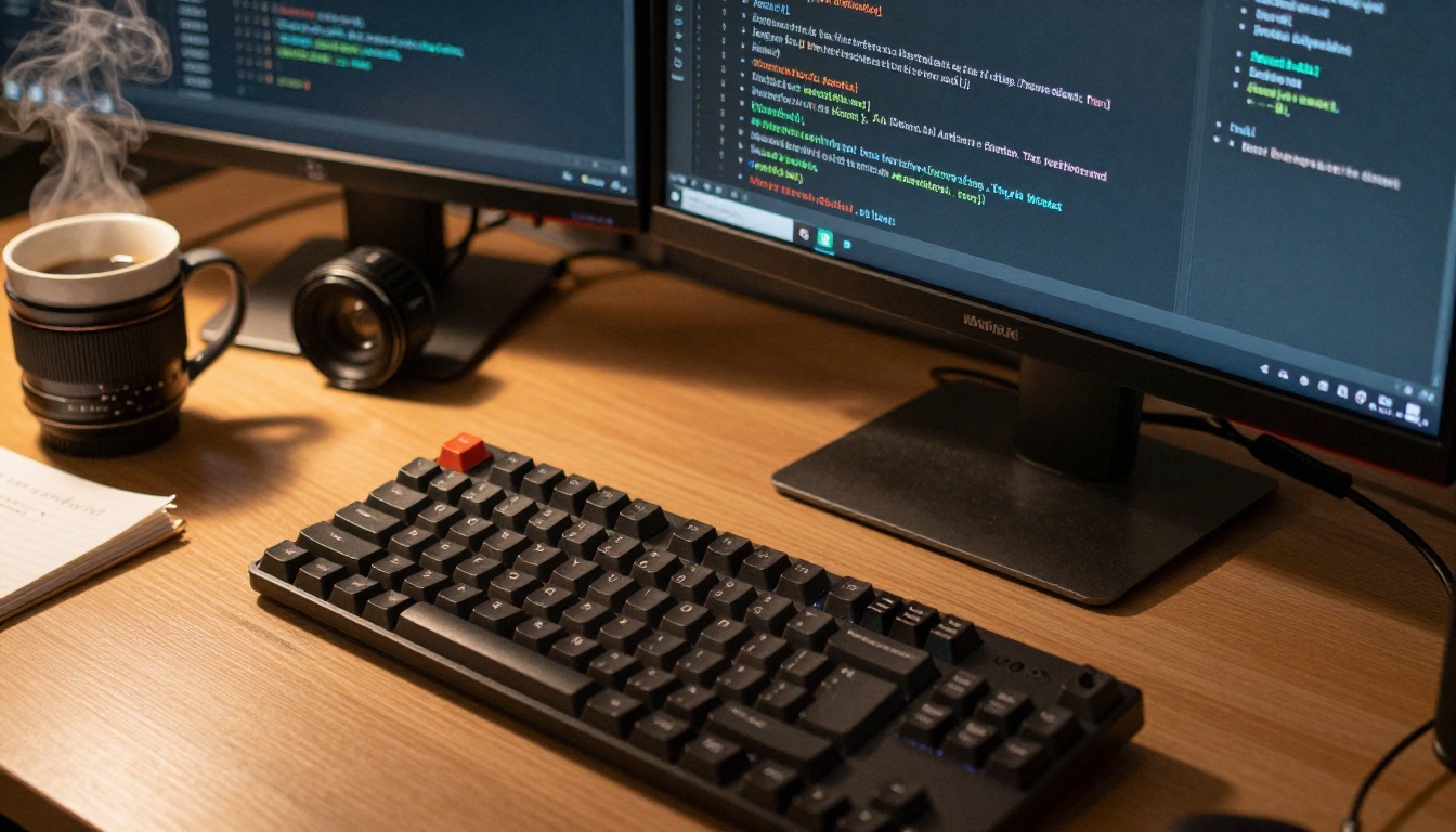 Developer workstation with dual monitors showing AI model API documentation Developer workstation with dual monitors showing AI model API documentation