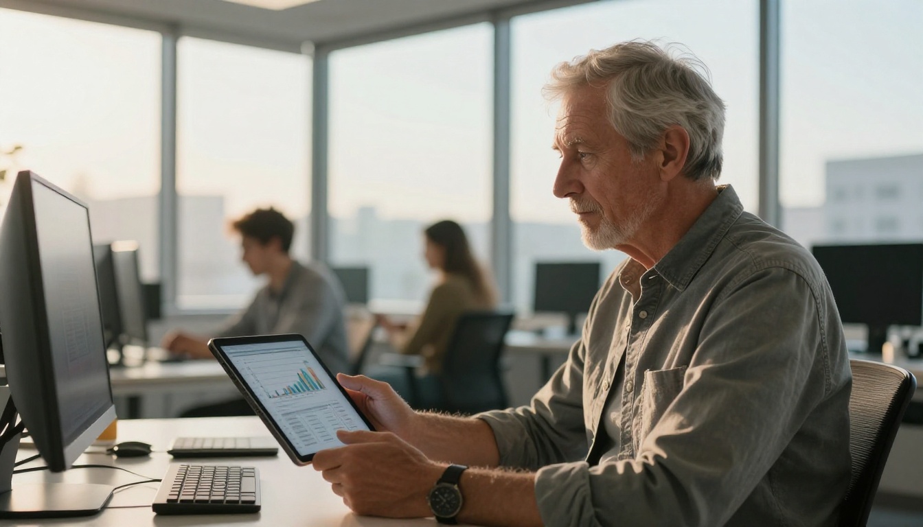 Senior AI engineer reviewing benchmark results on a tablet at a standing desk Senior AI engineer reviewing benchmark results on a tablet at a standing desk