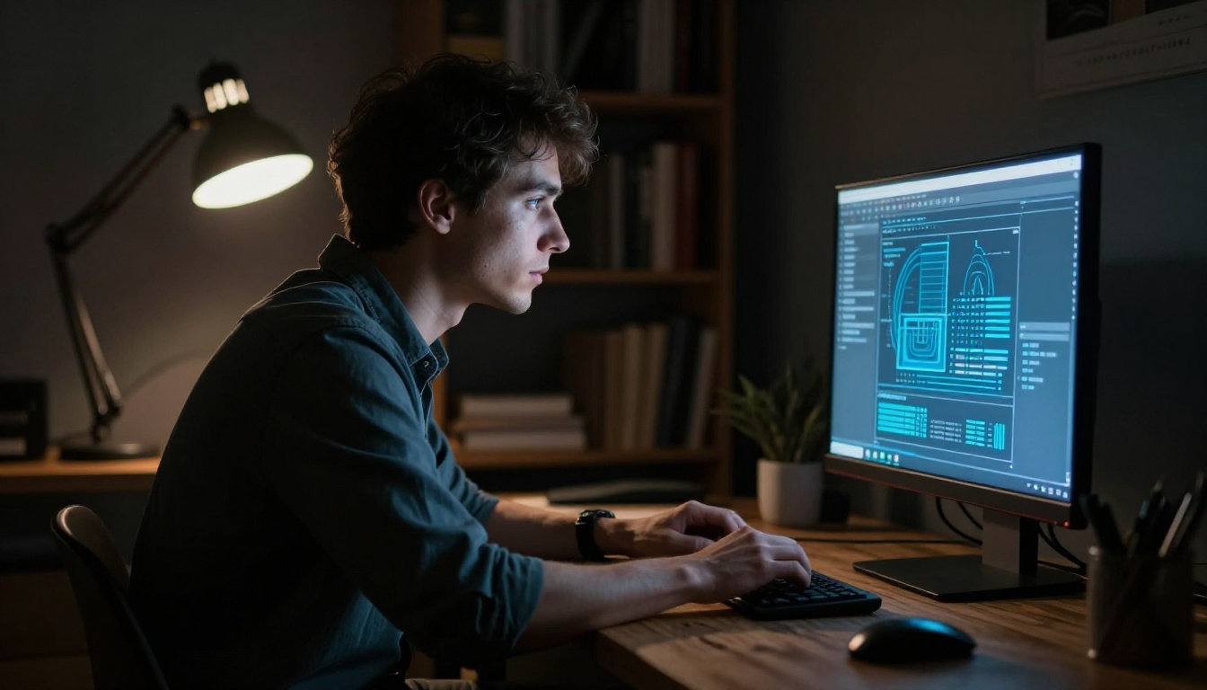 Software engineer testing an AI model at night in a focused home office Software engineer testing an AI model at night in a focused home office