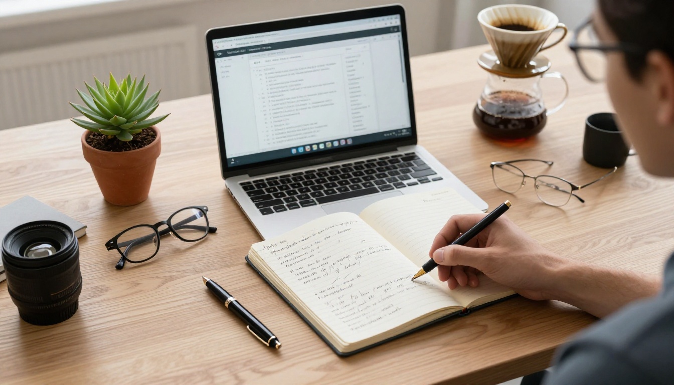 Overhead flat-lay of an AI researcher's desk with notebook, coffee, and MacBook Overhead flat-lay of an AI researcher's desk with notebook, coffee, and MacBook