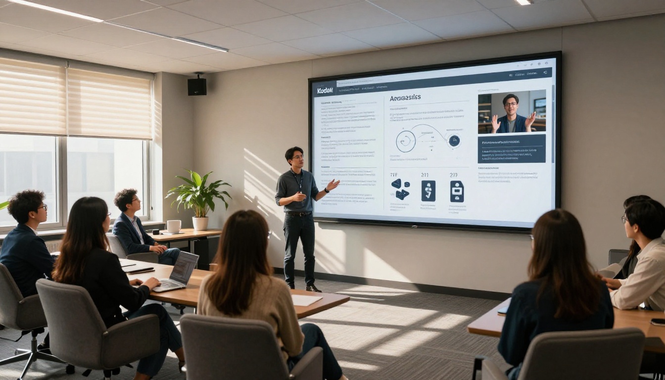 Creative director presenting AI content analysis to a small team in a modern boardroom Creative director presenting AI content analysis to a small team in a modern boardroom