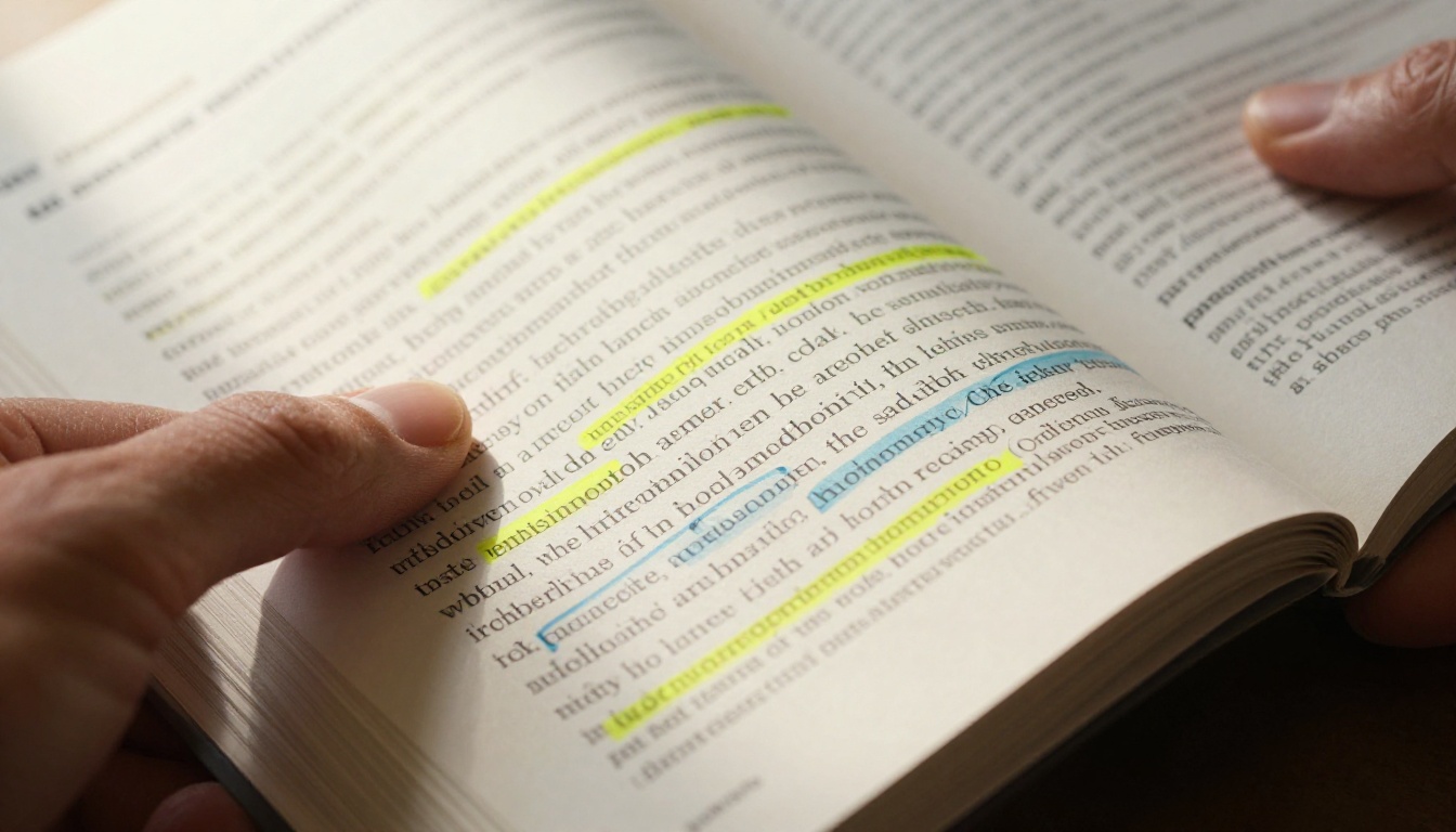 Macro close-up of highlighted scientific journal pages held in weathered male hands with warm window light