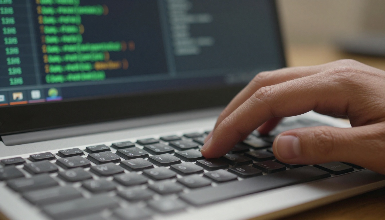Developer typing at mechanical keyboard with terminal output visible on monitor behind