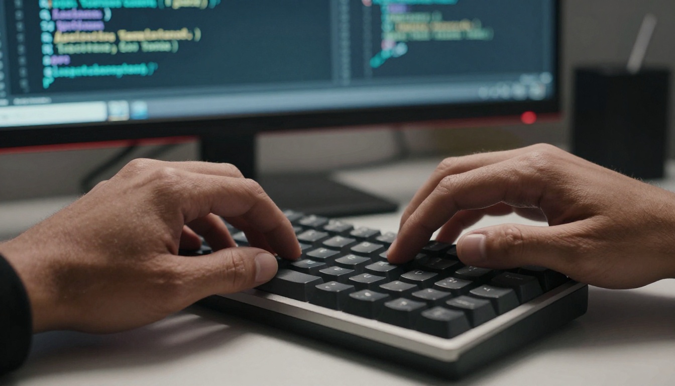 Developer at ultrawide workstation writing AI agent code