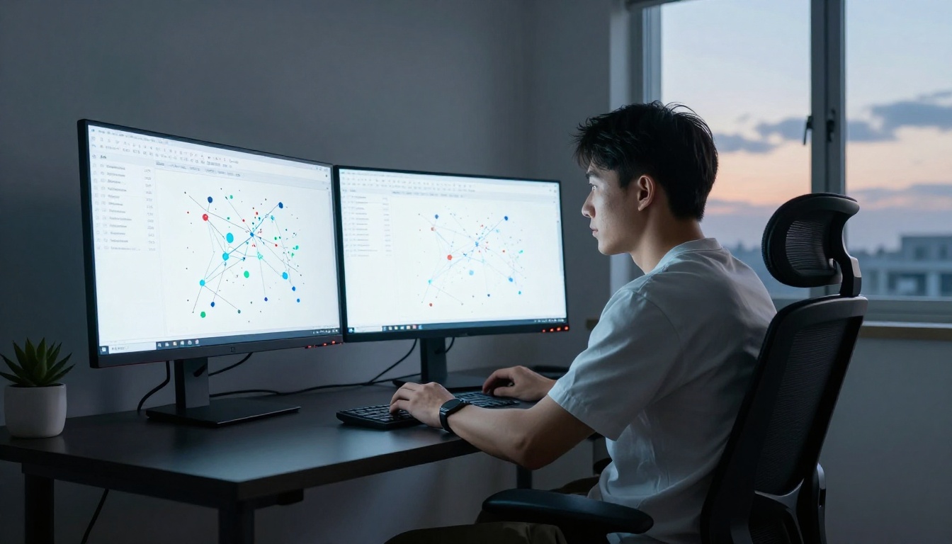 Researcher studying citation network graphs and data visualizations on dual ultrawide monitors