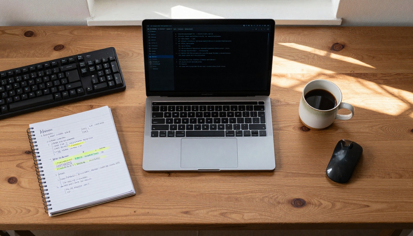Aerial overhead view of developer desk with terminal laptop, handwritten notes, and coffee