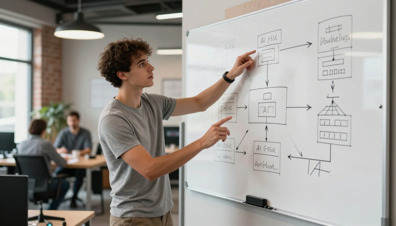 Developer gesturing at AI agent architecture on whiteboard