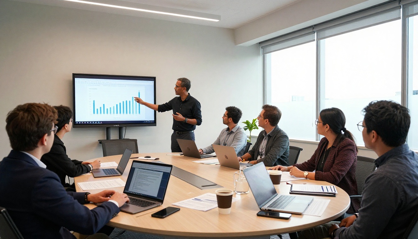 Wide conference room with six diverse researchers in genuine engaged discussion around oval table