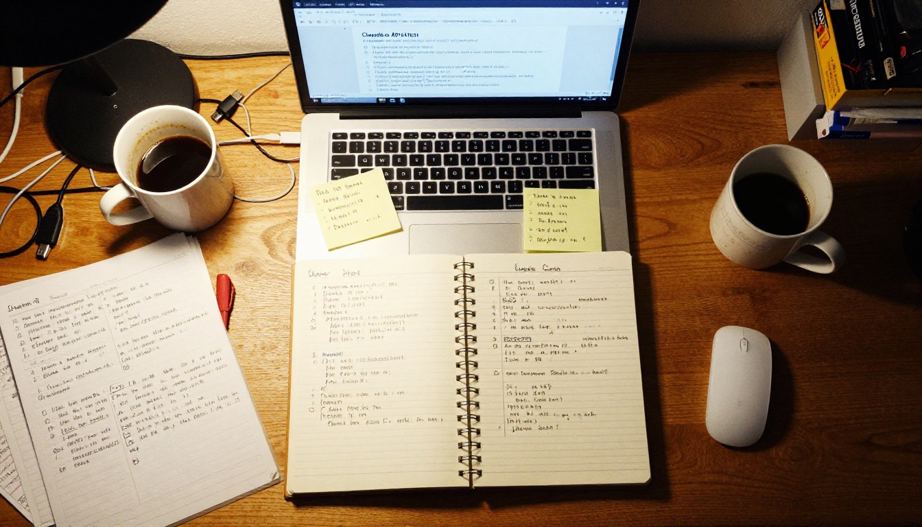 Aerial view of developer desk with notes and Claude API documentation