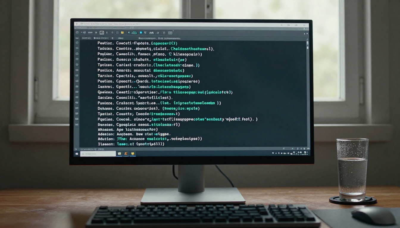 Low-angle shot of terminal monitor with teal monospace output and keyboard in foreground
