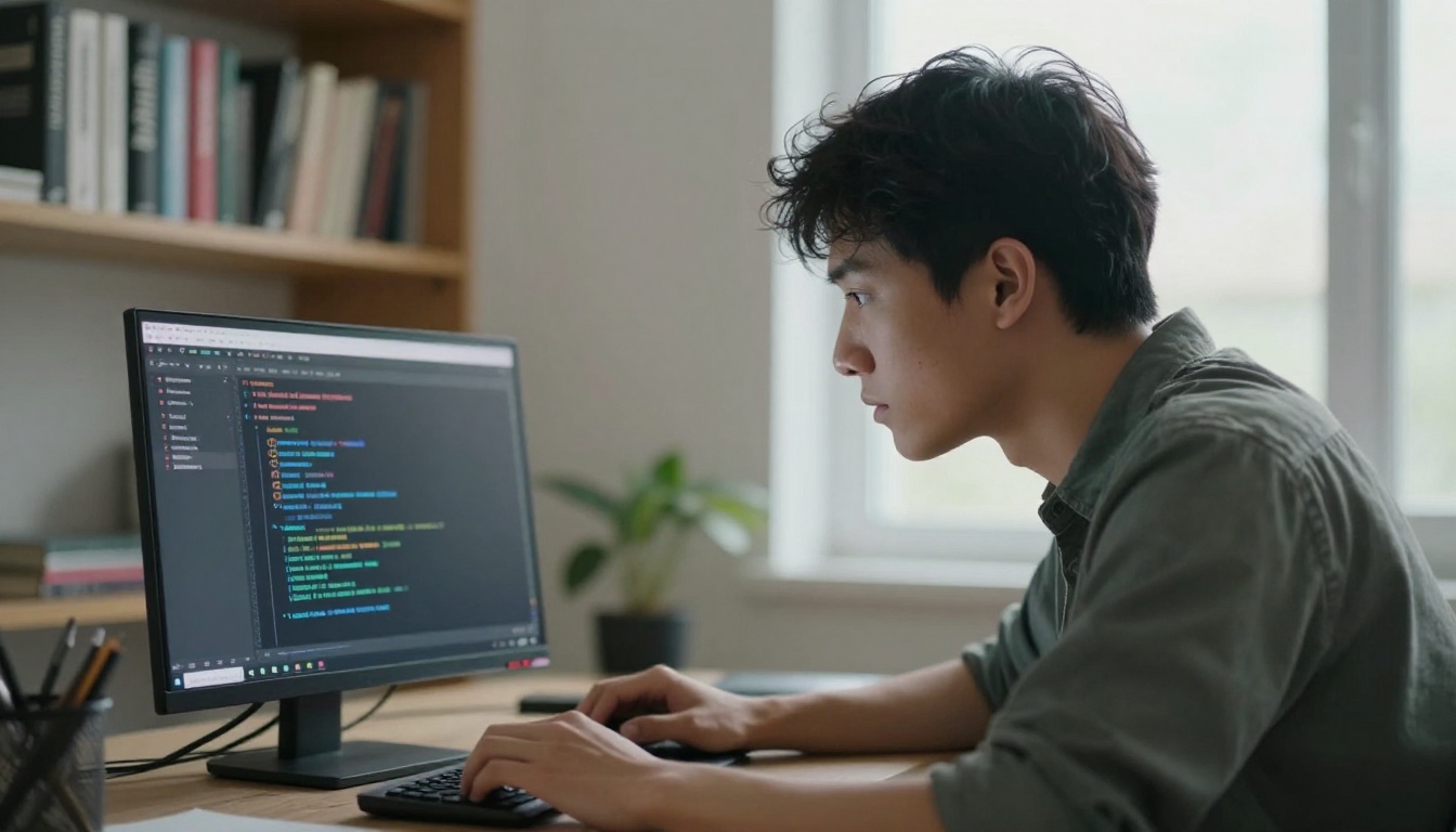 Developer testing AI agent in minimalist home office