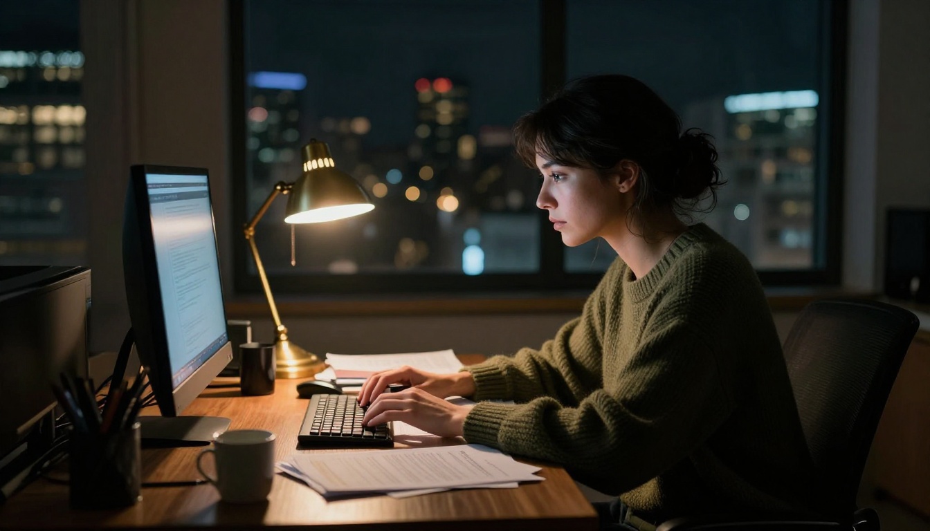 Single female researcher working late at night at cluttered desk with warm amber lamp and cool blue monitor glow