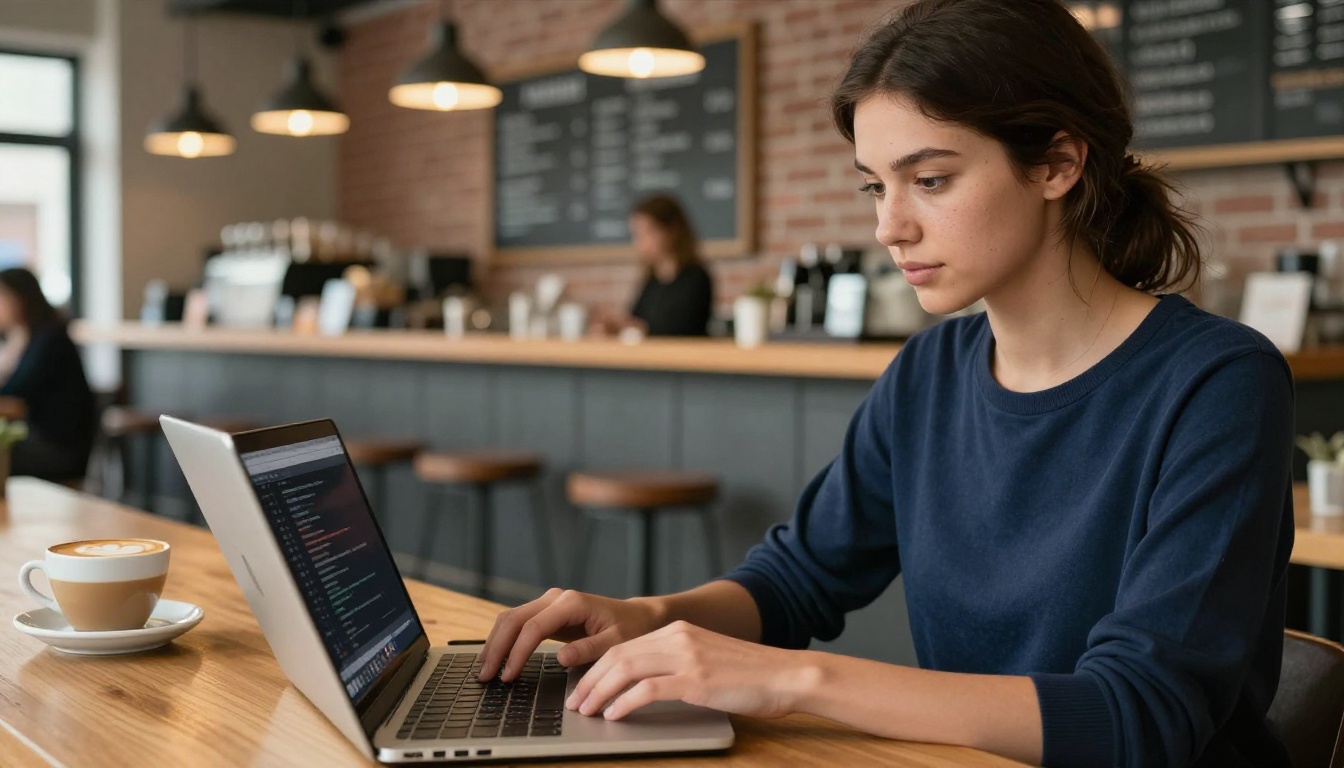 Woman developer working on laptop in coffee shop with natural window light from the left