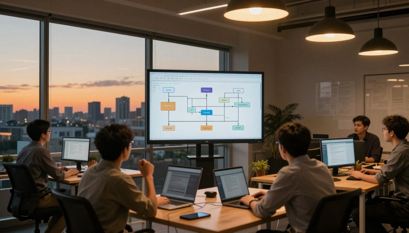 Team of developers collaborating around a multi-agent pipeline diagram