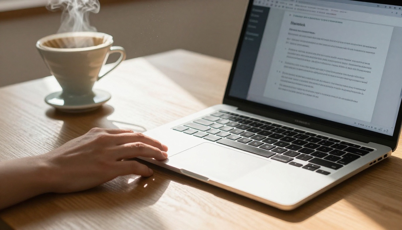 Silver aluminum laptop on light oak desk with research document open and pour-over coffee steam in morning sunlight