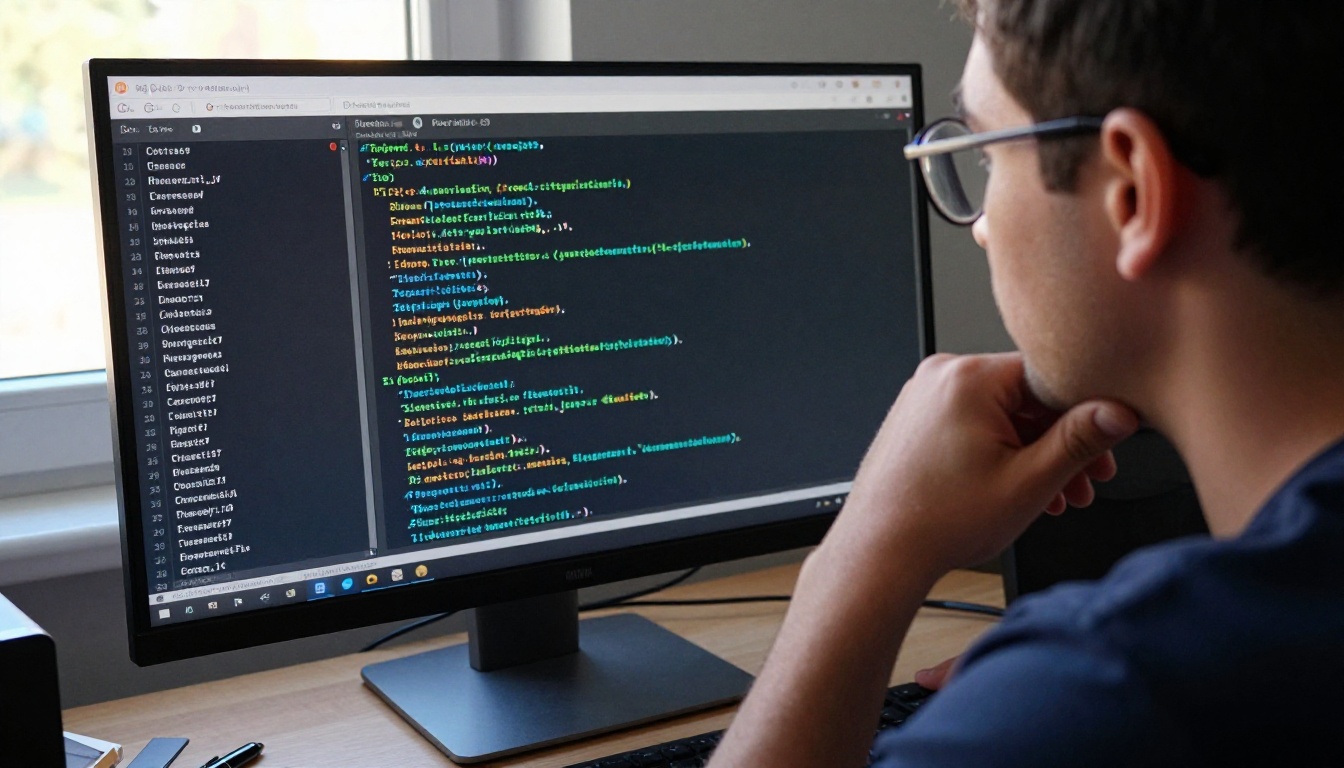 Male developer with glasses reviewing terminal output, afternoon light through window