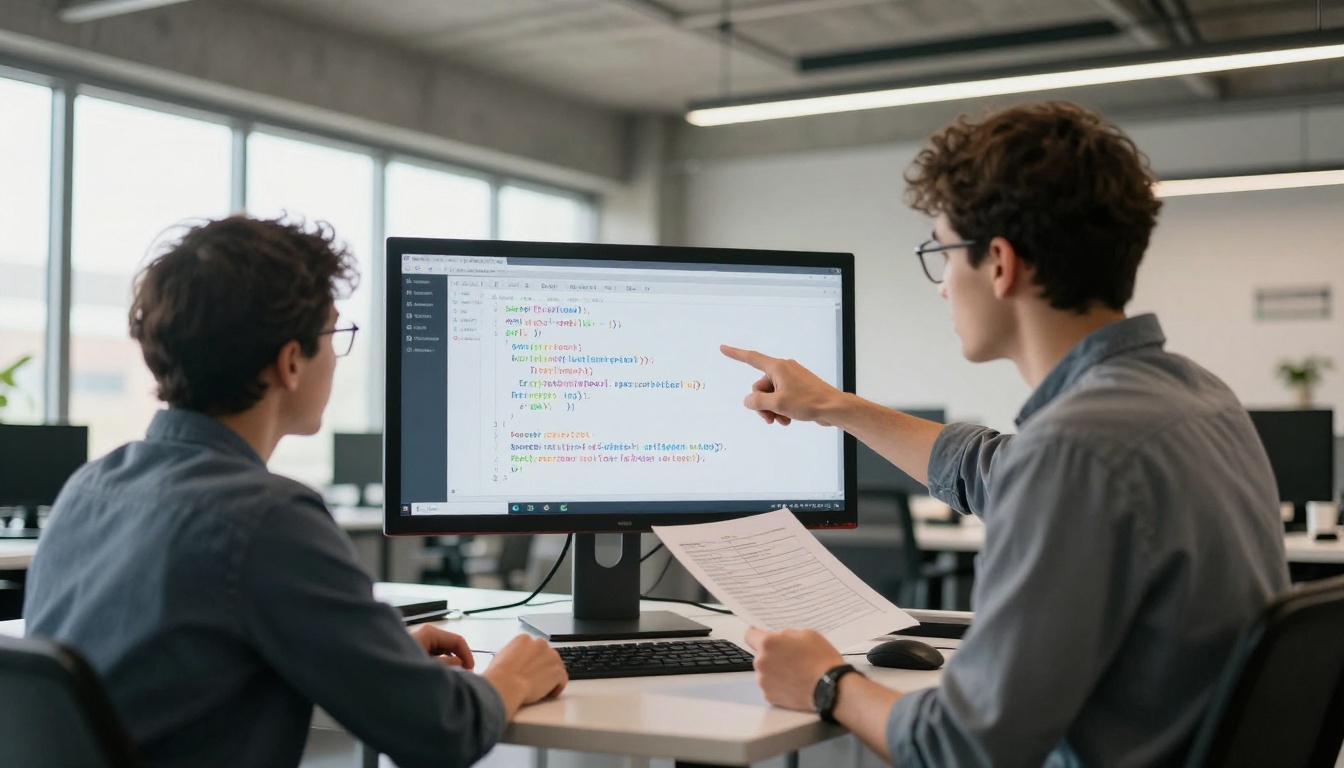 Two developers doing code review at a standing desk