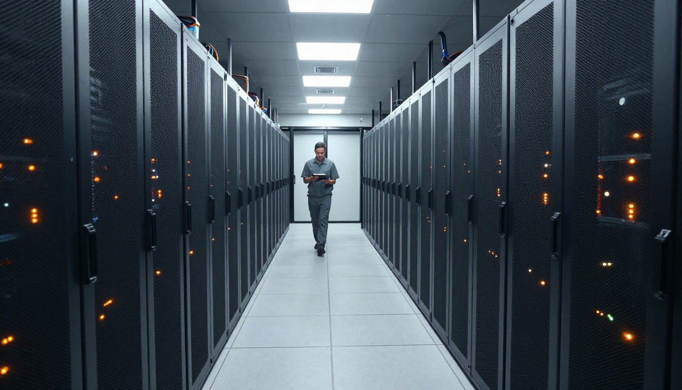 Server room hallway with rack infrastructure and technician