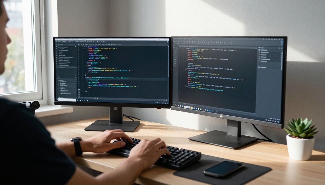 Side-profile developer typing at dual-monitor workstation with code editor and terminal visible