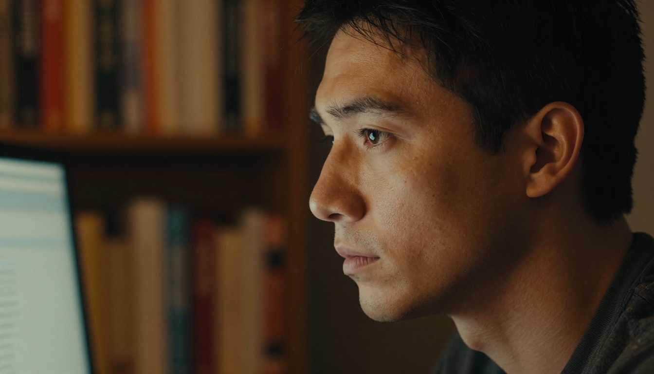 Developer with focused expression illuminated by screen glow