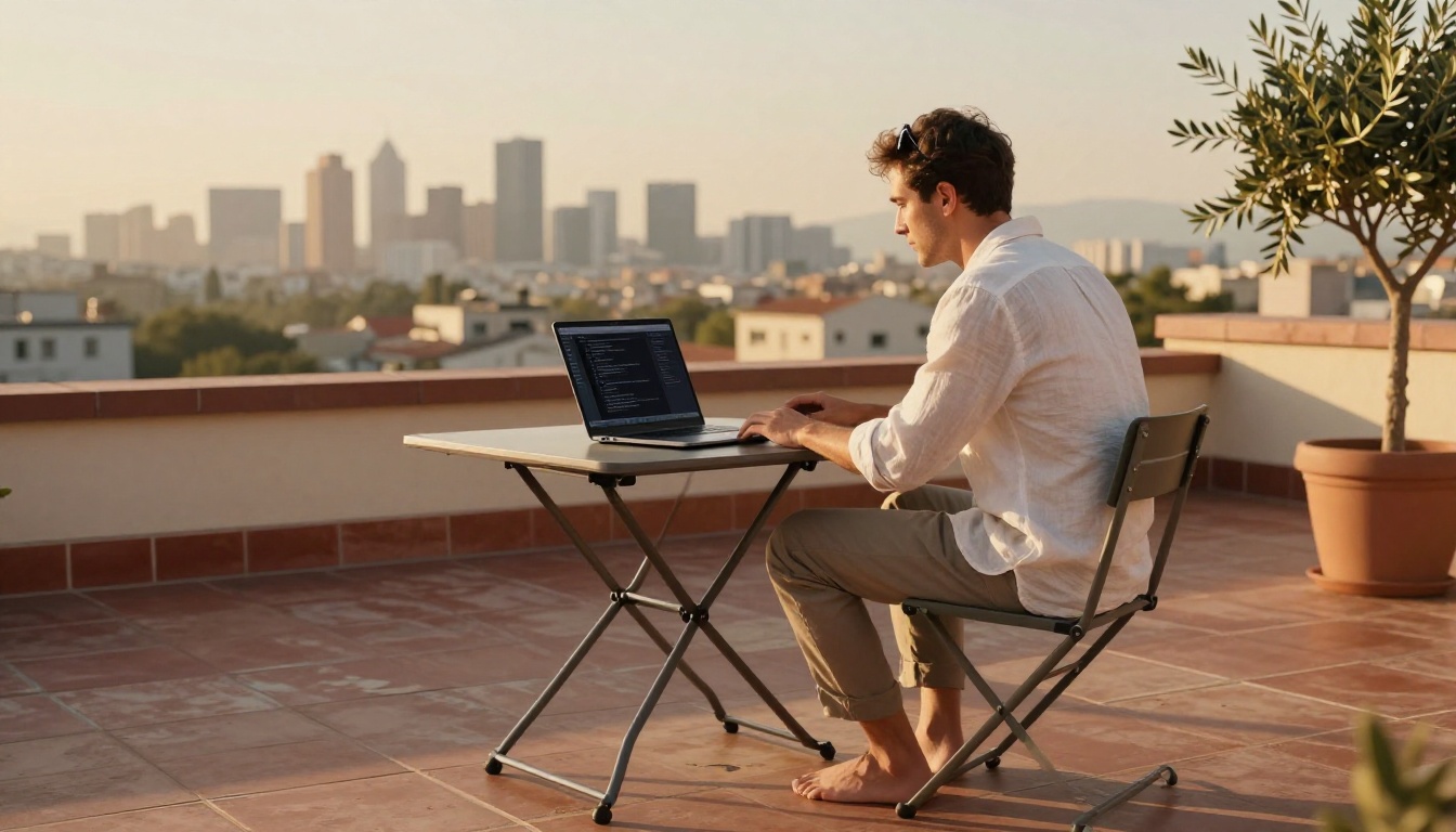 Developer working on ultrabook laptop outdoors on sun-drenched rooftop terrace with city skyline