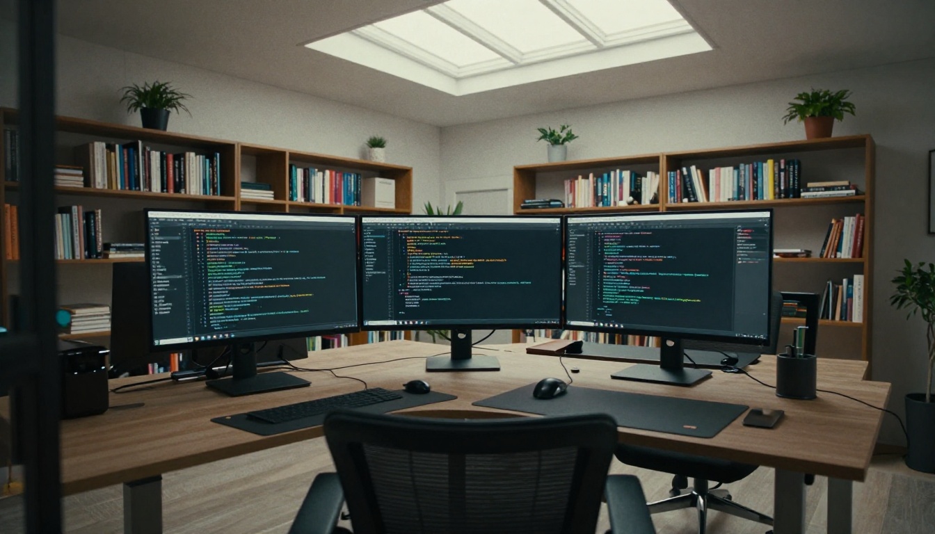 Wide establishing shot of professional developer home office with three-monitor arc and diffused natural skylight overhead