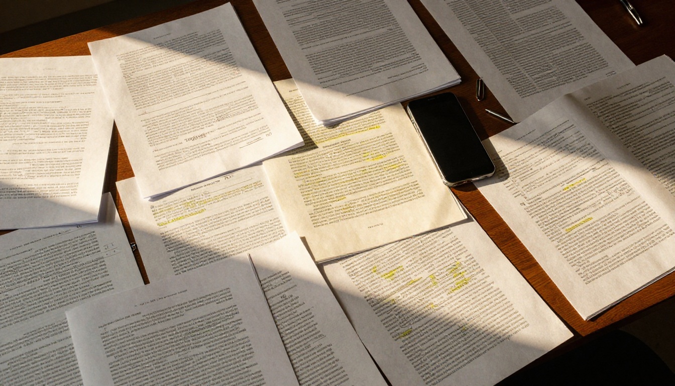 Hundreds of printed data documents stacked on a desk representing massive data context volumes