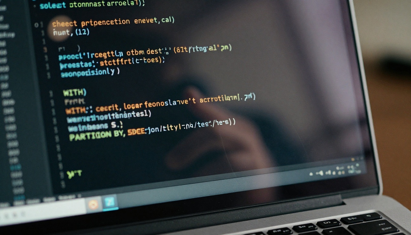 Close-up of SQL query with common table expressions and window functions on a dark-themed code editor screen