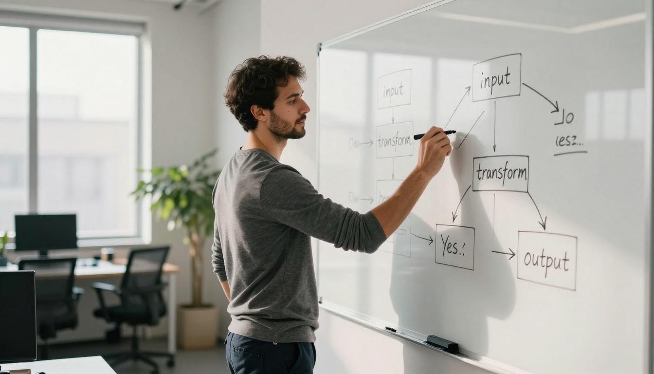 Data analyst standing at a glass whiteboard drawing data flow diagrams and decision tree nodes