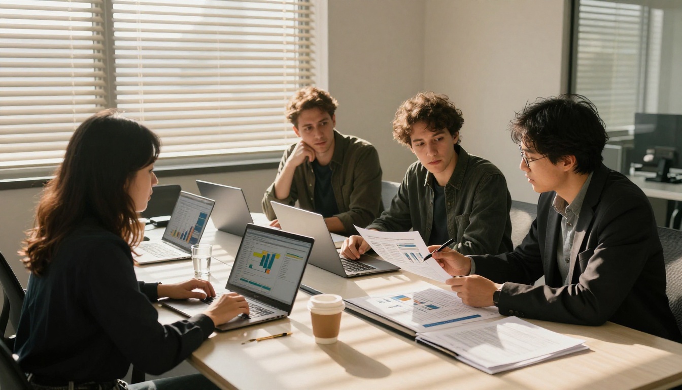 Three data analysts collaborating around a conference table with open laptops and printed data reports