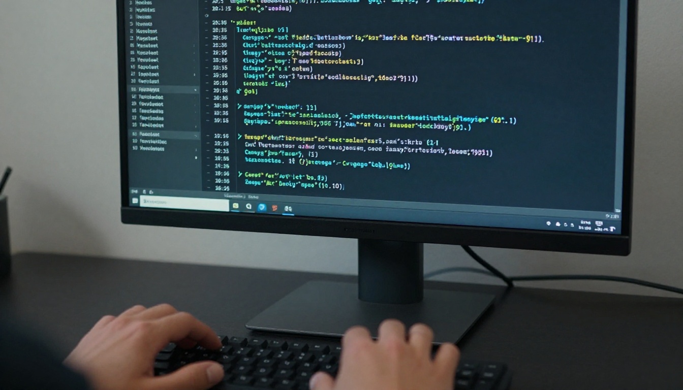 Python terminal output showing clean tabular DataFrame data on an external monitor at a standing desk