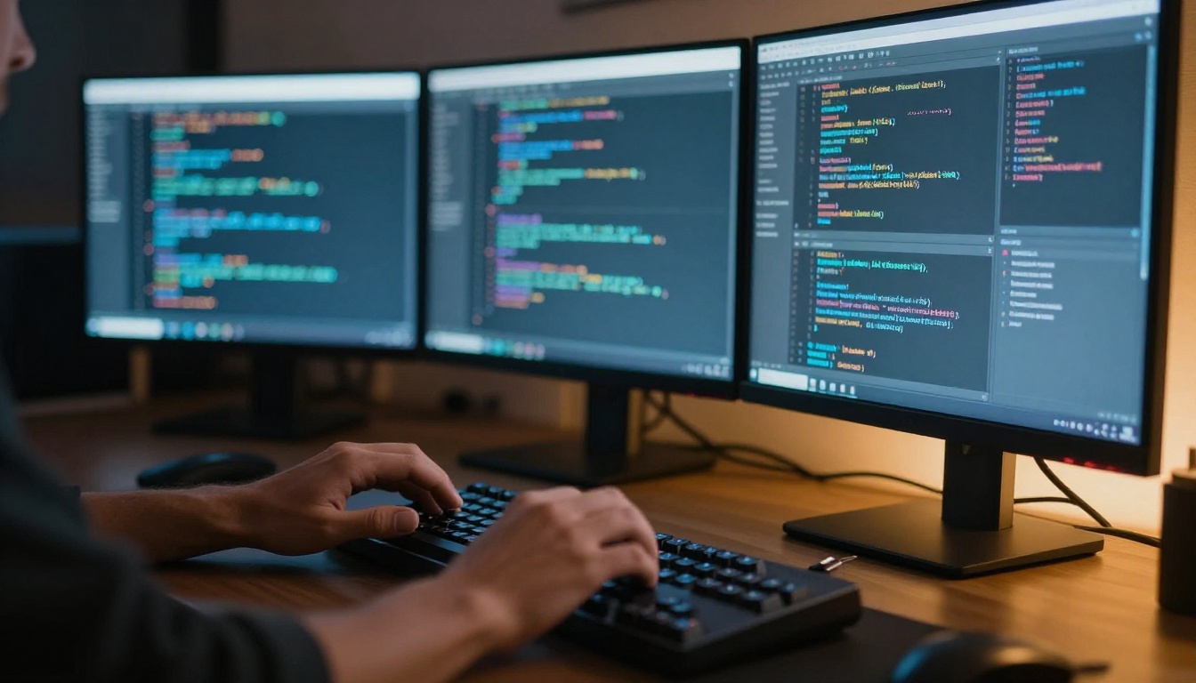 Developer hands over mechanical keyboard with multiple code monitors displaying syntax-highlighted code