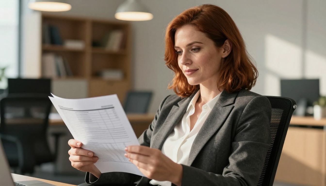 Professional woman analyst sitting back in an ergonomic chair reviewing a printed multi-page data report
