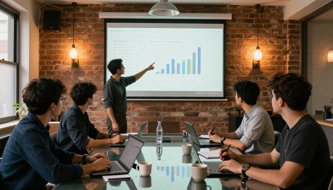Startup team collaborating around a conference table with laptops and AI tools