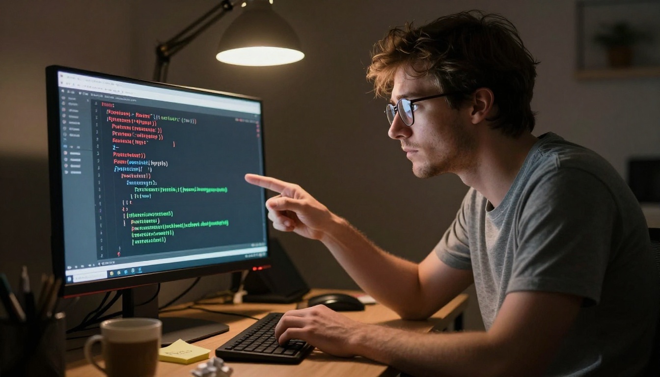 Developer pointing at a code error on a monitor late at night, illuminated by warm desk lamp and cool screen glow