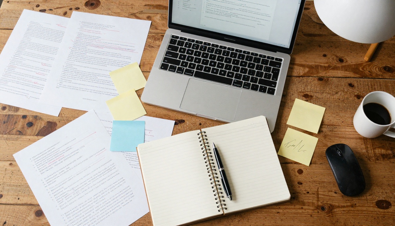 Aerial view of a busy creative desk with annotated documents, notebooks, sticky notes, and a laptop