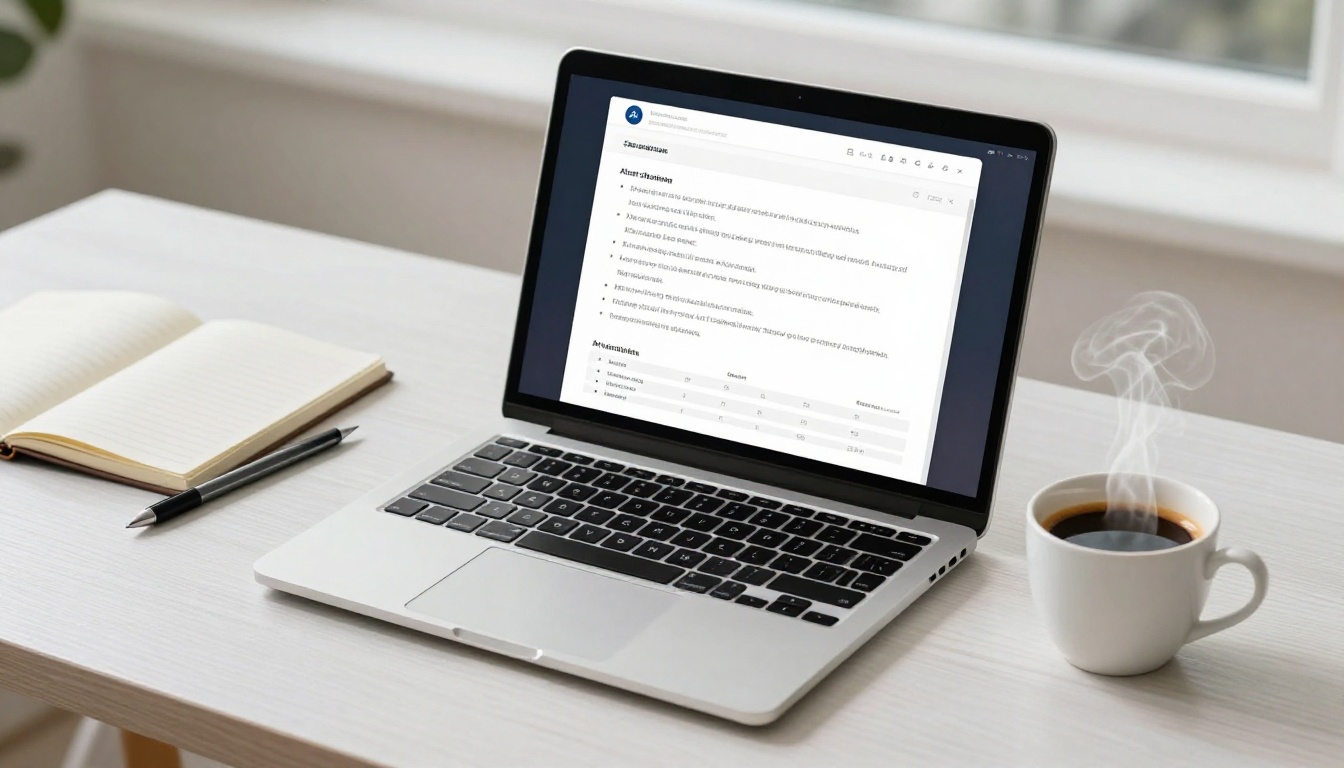 Laptop on a white oak desk showing an AI chat platform with structured output and an espresso cup nearby