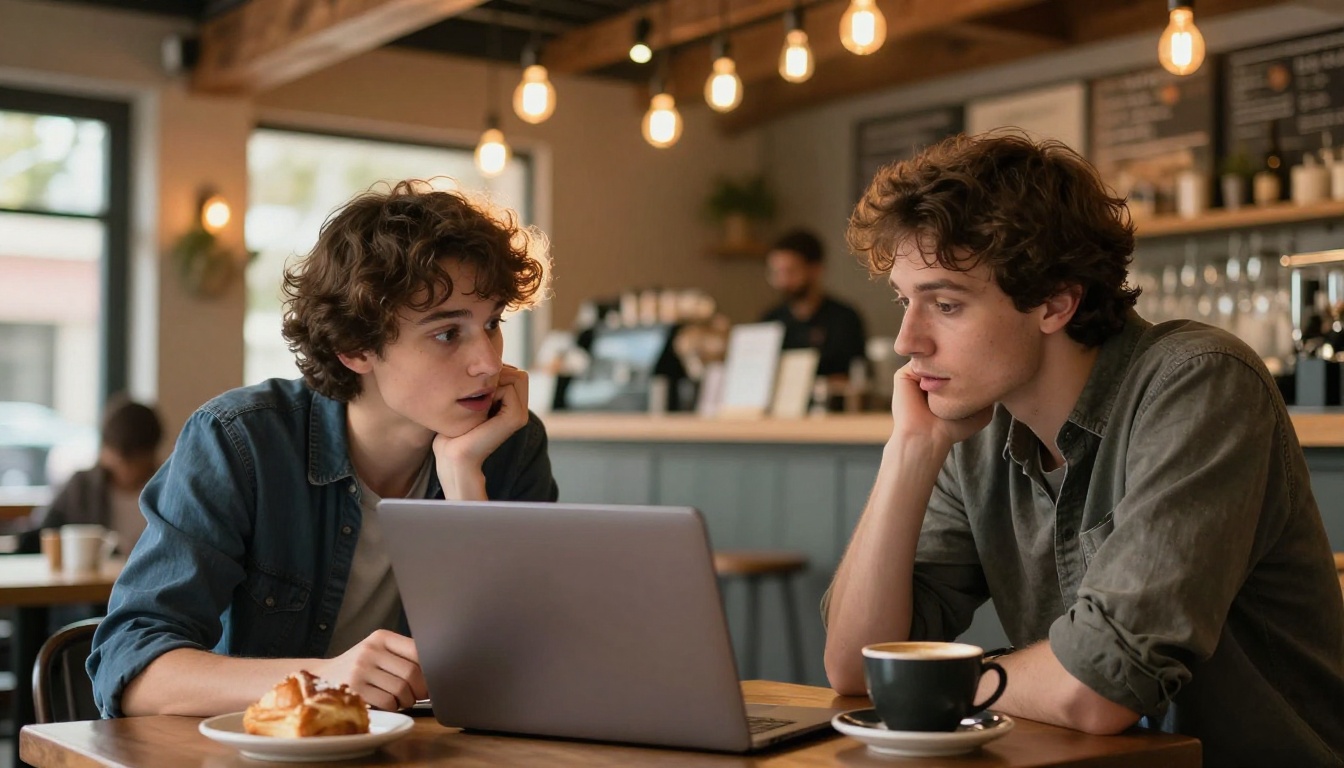 Two startup co-founders leaning over a shared laptop at a cafe table in focused discussion