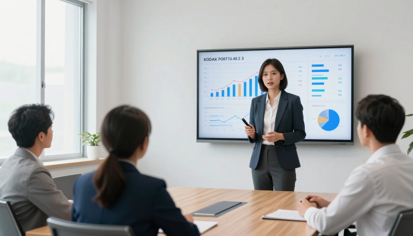 Professional woman confidently presenting a data dashboard to her seated team in a bright meeting room