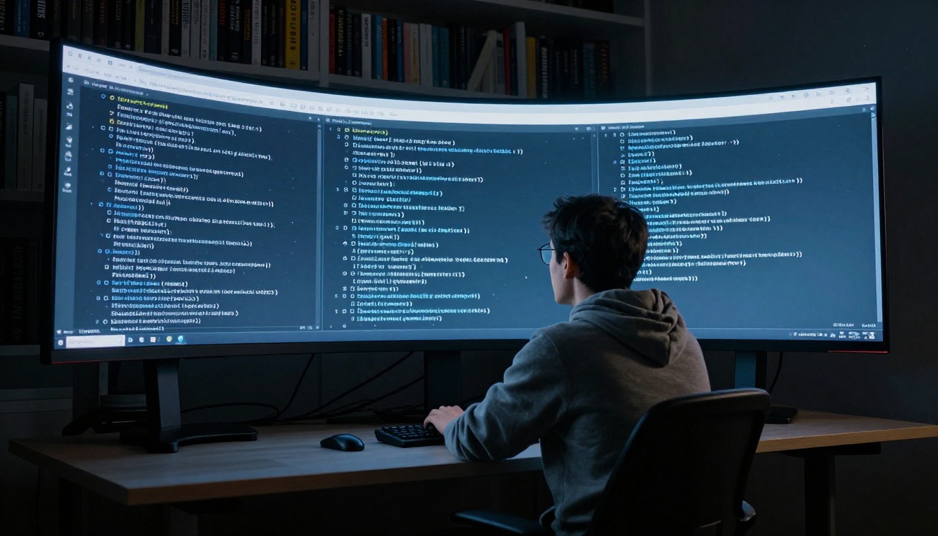 Solo developer at a standing desk reading an AI chat interface on a massive ultrawide monitor in a dim office