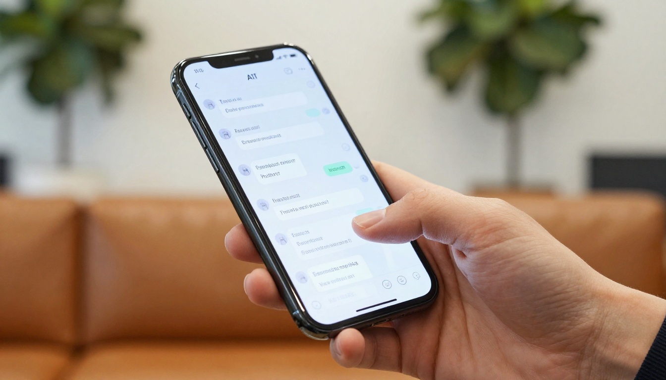 Close-up of a hand holding a smartphone displaying a clean AI chat conversation interface